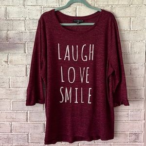 Fred David - burgundy maroon “Laugh Love Smile” 3/4 Sleeve knit top women’s 2X